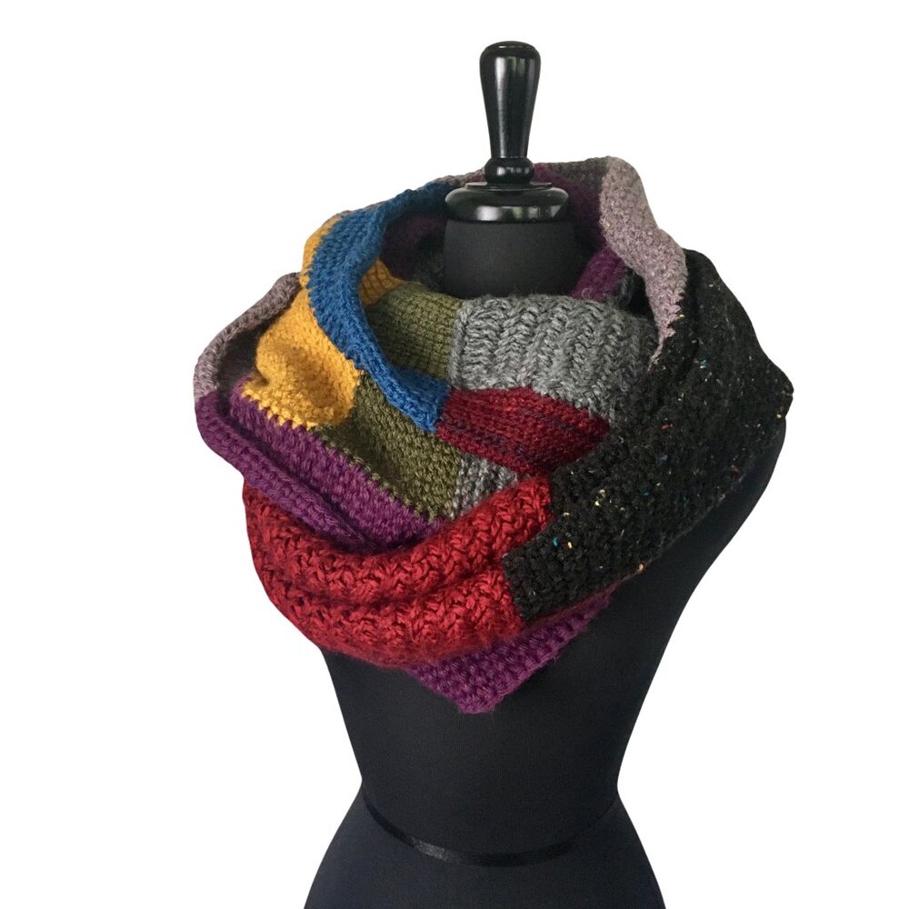 Handknitted Crocheted Chunky Wide Multicolored Geometric Modular Infinity Scarf